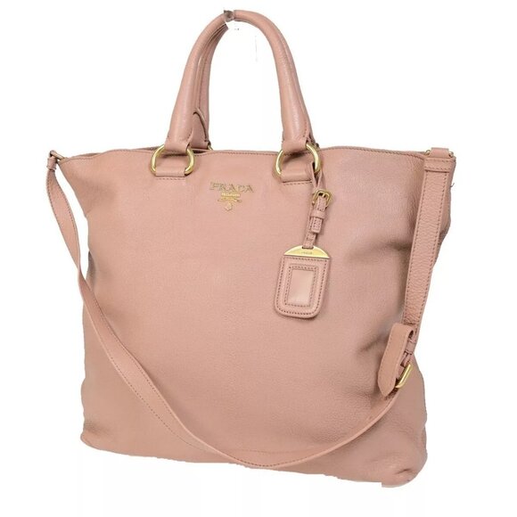 PRADA Logo 2Way Shoulder Tote Hand Bag Leather Pink Gold Made in Italy - Picture 1 of 15